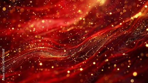 Red liquid with tints of golden glitters. A red background with a scattering of gold sparkles. Magic galaxy of golden dust particles in red fluid with burgundy tints.
