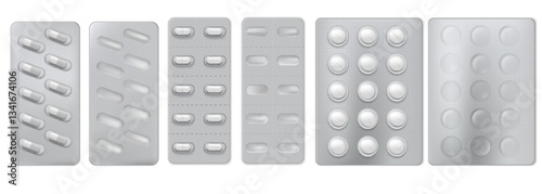 Pills blister packs 3D vector set, realistic metallic tablet drugs or capsules medicine packages, pharmaceutical product