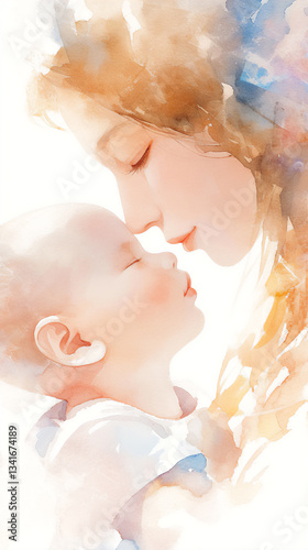Elegant watercolor portrait of a mother caressing her baby's forehead with a soft kiss