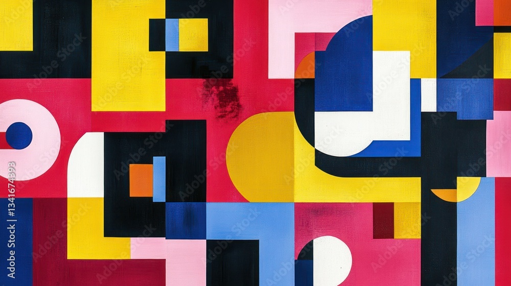 A geometric art piece with overlapping squares, rectangles, and triangles in primary colors A geometric art piece with overlapping squares, rectangles, and triangles in primary colors