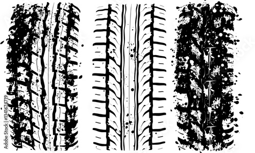 Tire texture showcases three distinct patterns, highlighting intricate designs and wear of rubber surfaces. These textures evoke sense of durability and functionality in automotive applications