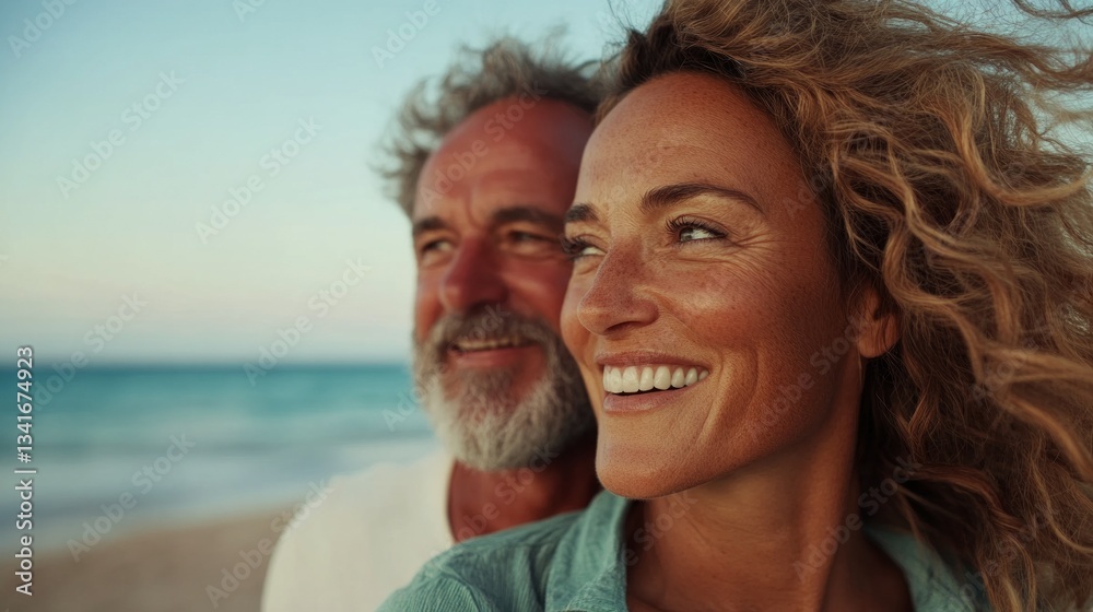 Fototapeta premium A happy couple embracing by the beach at sunset.
