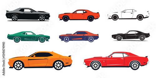 Vector illustration of classic and modern muscle cars in various colors and styles. Stylized vintage and modern American muscle cars, side view silhouettes and colorful designs.