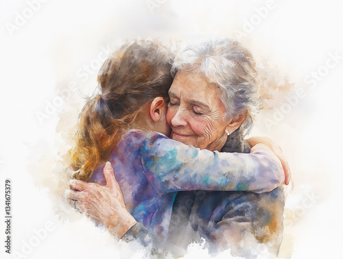 Tender watercolor depiction of a grandmother embracing her granddaughter tightly
