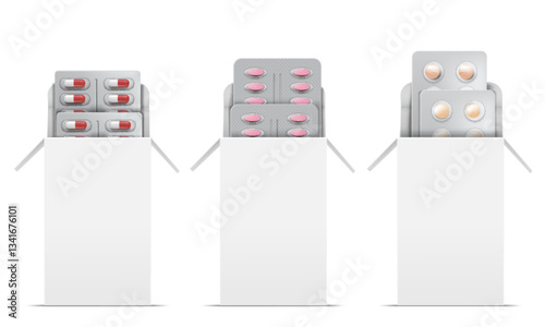 Pills blister packs in cardboard box 3D vector set, metallic package for different colors tablets or capsules medicine