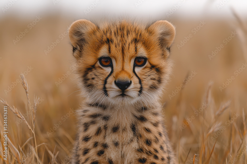 Obraz premium A baby cheetah is standing in tall grass