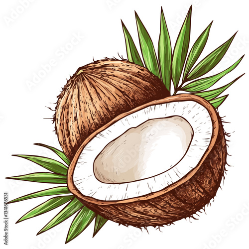 Hand-drawn colorful sliced Coconut with leaves. Trendy abstract minimal style. Natural fresh. Vector illustration isolated on white background, vector illustration