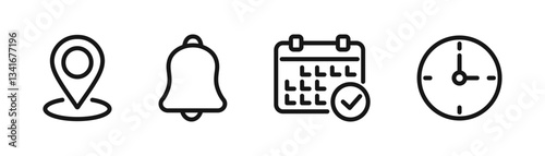 Appointment icon set. Location, bell, calendar and time. Vector