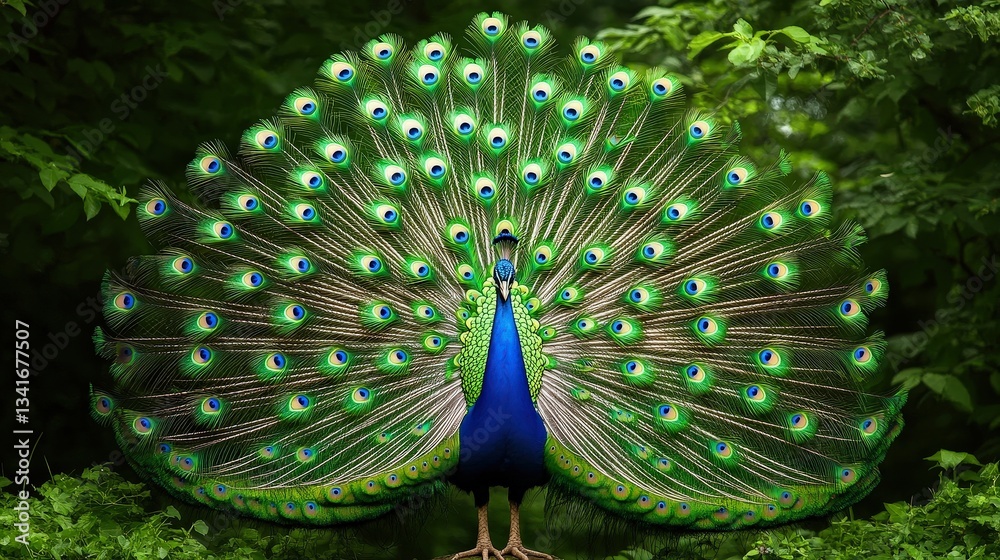 Obraz premium A vibrant peacock displays its colorful feathers in a lush green setting, showcasing nature's beauty.