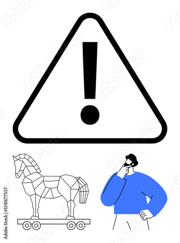 Large warning sign with exclamation mark, geometric Trojan horse on wheels, thoughtful man. Ideal for security, caution, risk analysis, strategy, cyber safety, deception critical thinking flat