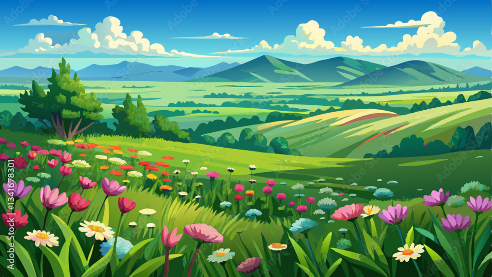 Fototapeta premium vector of endless expanse of lush green prairie, where wildflowers bloom and the horizon blends seamlessly