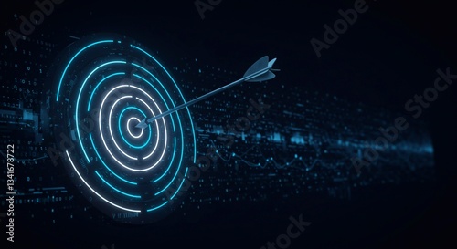 Hit the bullseye. Virtual digital target with arrow in the center. Abstract futuristic illustration with dark blue tech background.