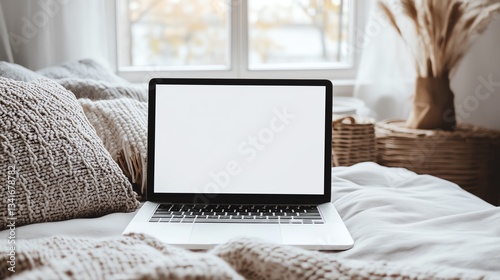 Computer laptop blank white screen mockup on modern office desk with coffee cup and notebook.