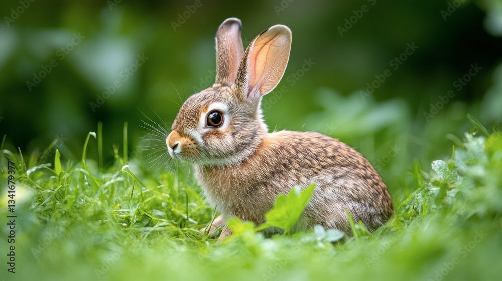 A wild rabbit hopping through a field of fresh green grass A wild rabbit hopping through a field of fresh green grass