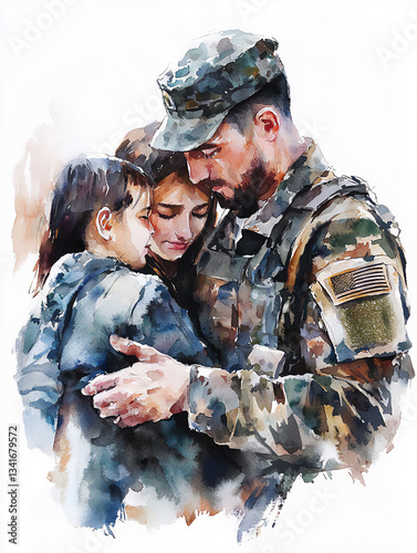 Uplifting watercolor image of a soldier reunited with his family, radiating love
