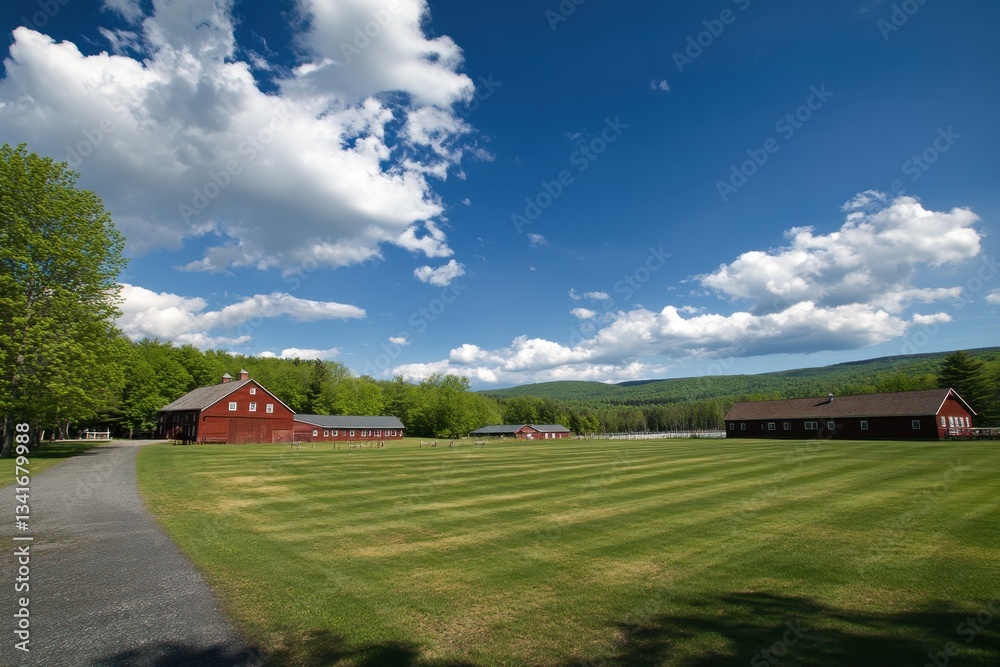 Expansive view of a serene countryside landscape with red barns under a bright blue sky Expansive view of a serene countryside landscape with red barns under a bright blue sky