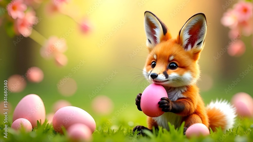 Obraz premium Cute realistic fox holding a pink egg in light spring forest, festive setting during Easter celebration, copy space