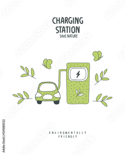 Vector hand drawn sketch charging station of elecrtic car. illustration of Environmentally friendly planet. Think Green. Alternative energy concept.