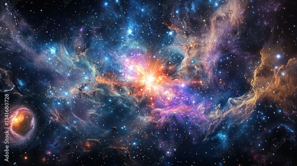 Naklejka premium A highly detailed cosmic illustration showcasing an exploding star cluster, surrounded by endless celestial wonders.