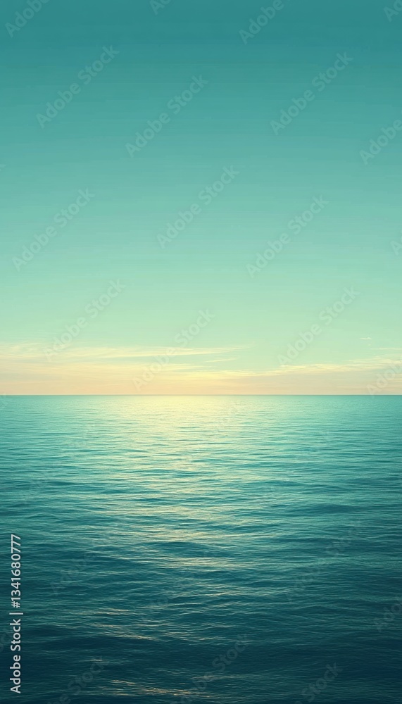 Obraz premium Serene ocean sunset. Calm water meets a tranquil sky, creating a peaceful and picturesque scene.