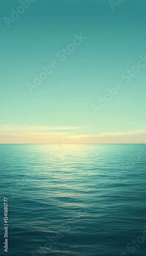 Serene ocean sunset. Calm water meets a tranquil sky, creating a peaceful and picturesque scene.