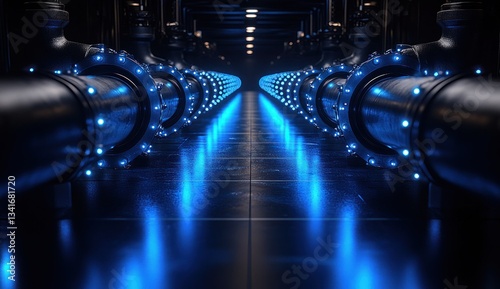Fototapeta Naklejka Na Ścianę i Meble -  Industrial pipes,  blue light,  tunnel,  dark background