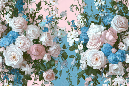 A delicate and beautiful seamless pattern featuring watercolor roses and forget-me-nots. The soft pastel colors and floral design create an elegant, timeless aesthetic perfect for textiles, background