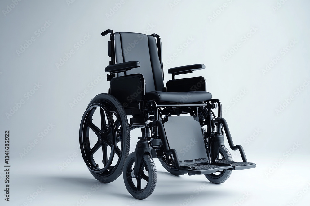 Fototapeta premium Modern black wheelchair design medical mobility equipment assistance aid care steel health wheels