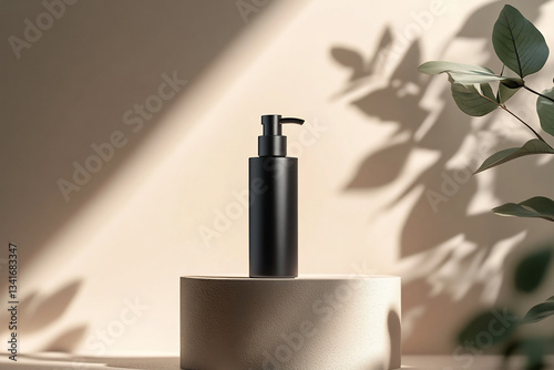 Wallpaper Mural Minimalist black pump bottle mockup on a beige pedestal, surrounded by soft natural light and leaf shadows. Perfect for skincare, cosmetics, and beauty product branding Torontodigital.ca