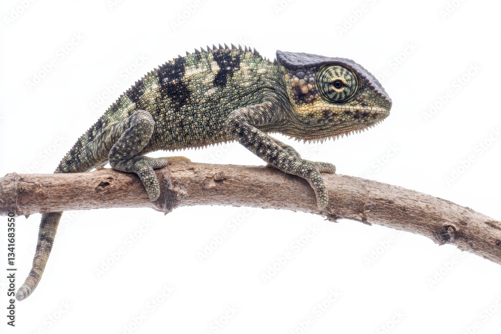 Fototapeta premium vibrant chameleon perched on a branch, showcasing its unique colors and textures against a white background