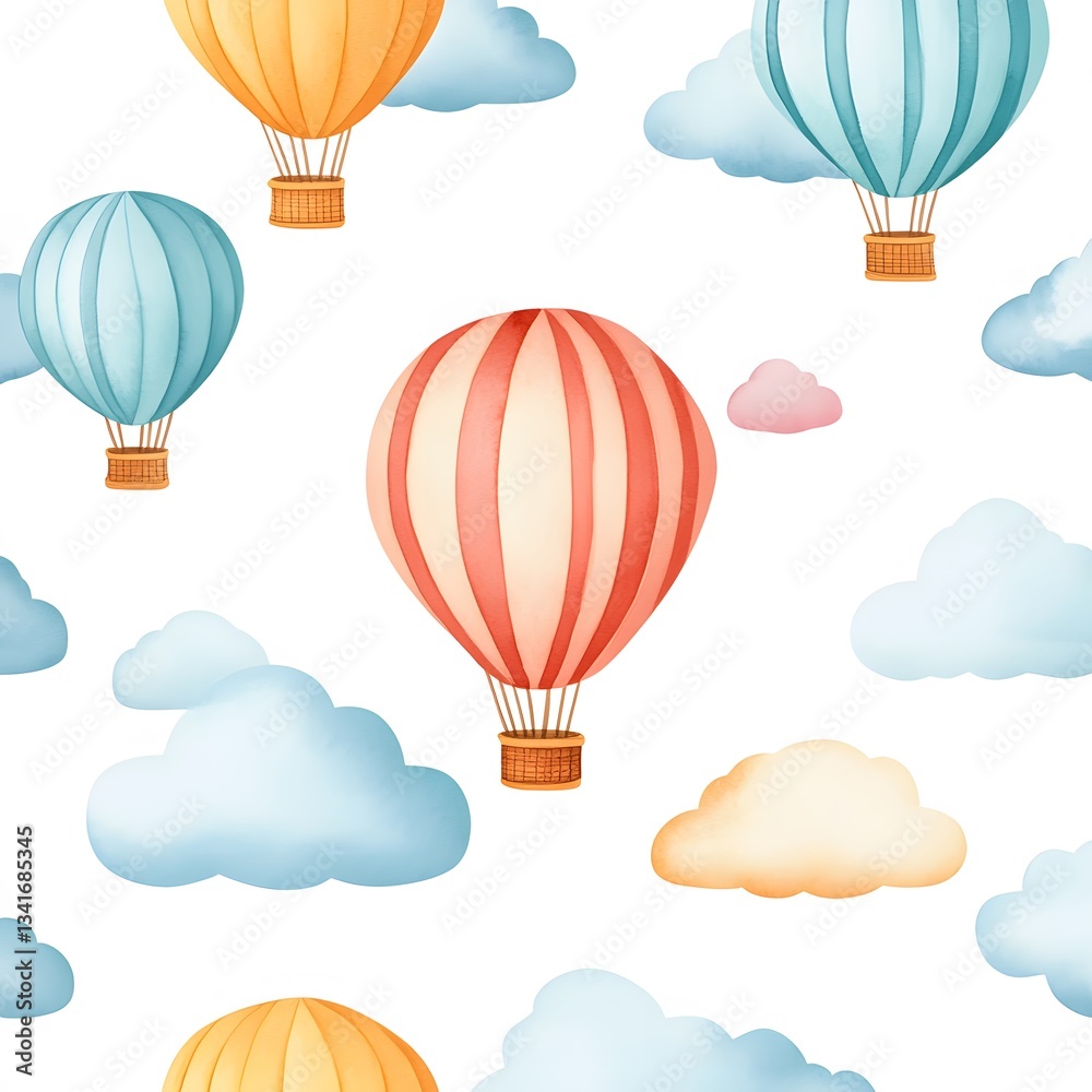 Fototapeta premium A seamless pattern of vintage hot air balloons floating through soft watercolor clouds.