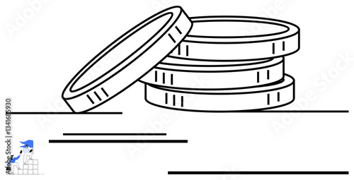 Stack of coins symbolizing wealth, investment, or economy. A businessperson climbing a bar chart portrays ambition and growth. Ideal for finance, investment, success, entrepreneurship, savings