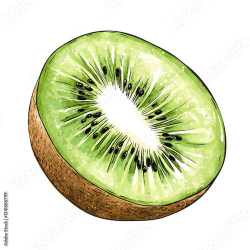 My hand-drawn colorful sliced kiwi. Trendy abstract minimal style. Natural fresh. Vector illustration isolated on white background, vector illustration