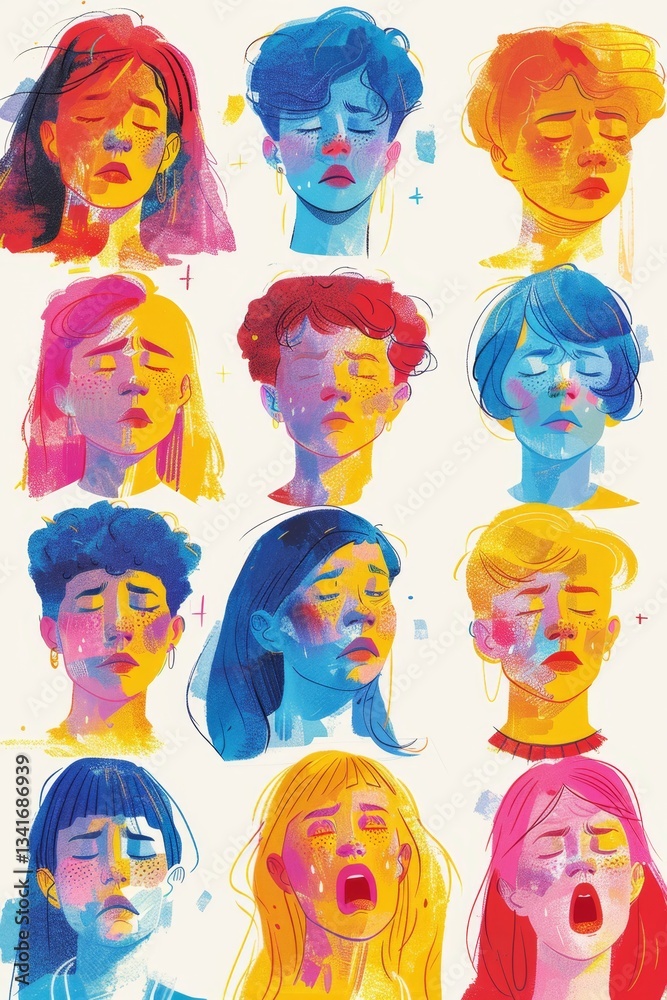 Fototapeta premium Expressive portrait illustrations showcasing a range of human emotions including happiness, sadness, anger, and surprise in vibrant colors