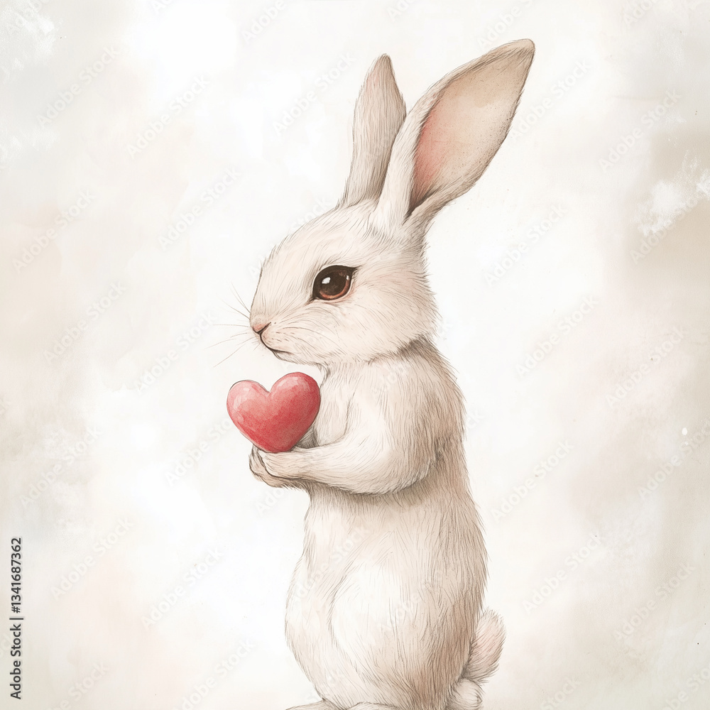 Fototapeta premium White rabbit with red heart, greeting card, love concept