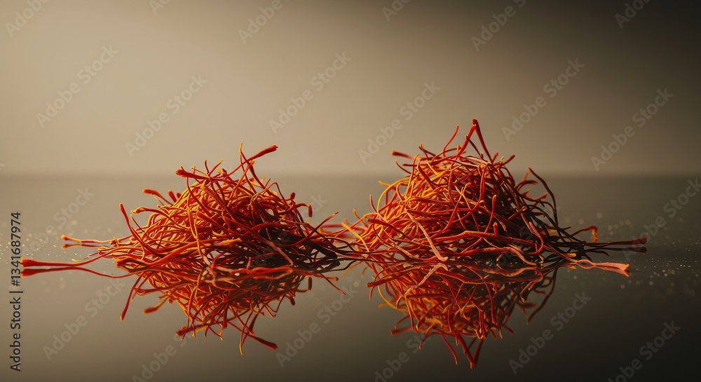 Fototapeta premium Two piles of saffron threads on a reflective surface with a warm, neutral colored background