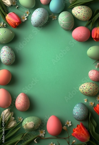 Colorful Easter Eggs Arranged With Flowers on a Green Background for Holiday ...
