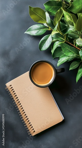 Morning Coffee and Notebook on a Dark Surface Surrounded by Greenery
