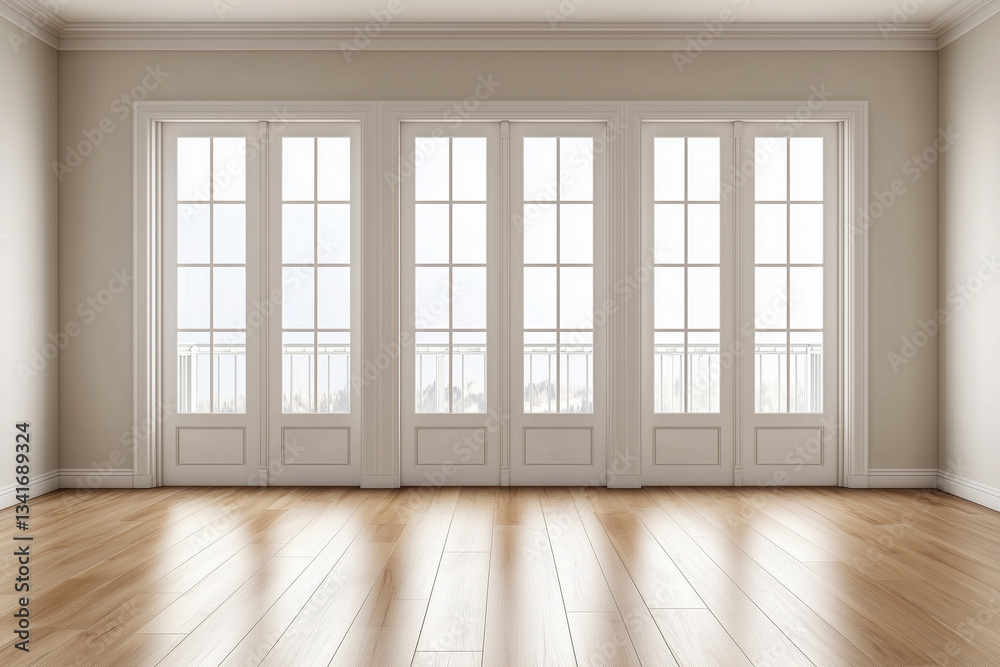 Obraz premium Interior of empty spacious living room with white walls and laminated floor