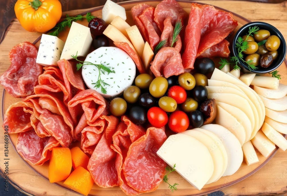 Fototapeta premium A vibrant array of cured meats, cheeses, olives, and marinated vegetables arranged on a rustic wooden board, cuisine, platter