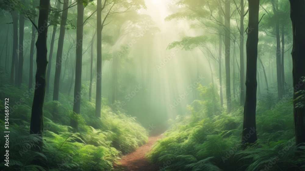 Fototapeta premium Lush green forest with morning mist and sunlight filtering through the trees.