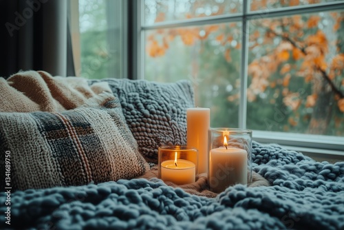 Cozy Indoor Setting With Candles and Plaid Pillows in Warm Fall Atmosphere