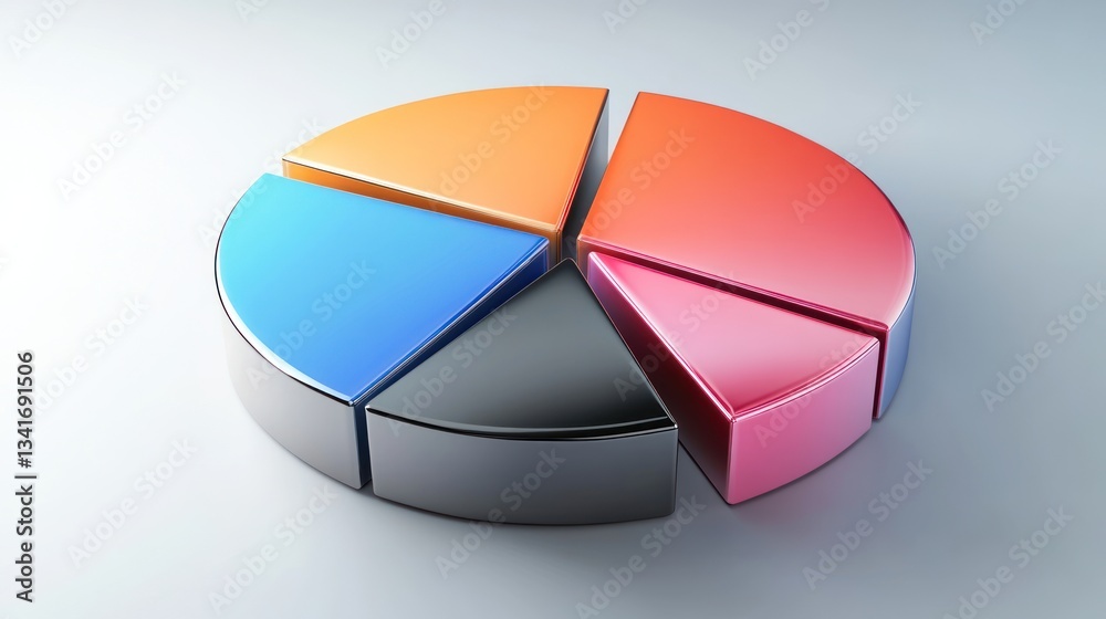 Obraz premium 3D pie chart with sleek metallic segments, representing financial data analysis in a corporate presentation.