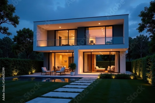 Sleek modern home, illuminated garden at night , bright, evening