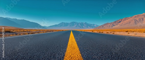 Long Empty Road Stretches Into Desert Landscape Under Clear Blue Sky