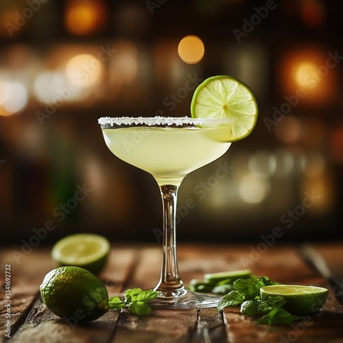 Refreshing Margarita Served on a Wooden Table With Lime and Mint at a Lively ...