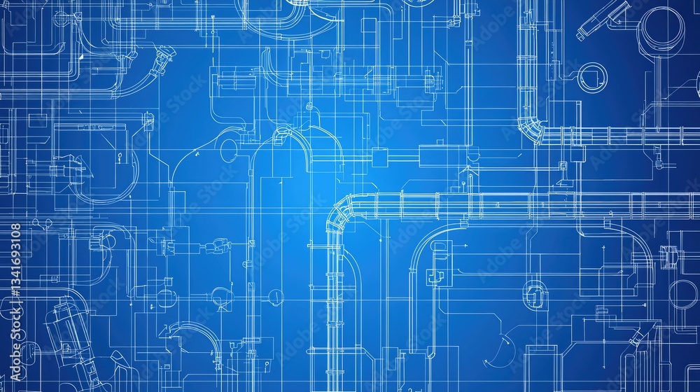 Fototapeta premium A blueprint-style vector of a plumbing system layout.