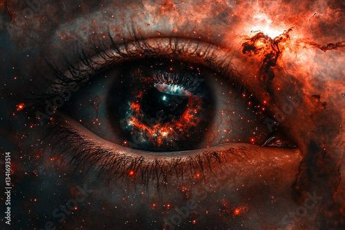 A captivating close-up of a female eye set against a cosmic backdrop, with a vivid red nebula and twinkling stars, creating a surreal and otherworldly scene