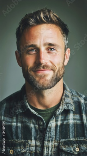 Man With Beard and Plaid Shirt Smiles Warmly in a Cozy Indoor Setting With So...