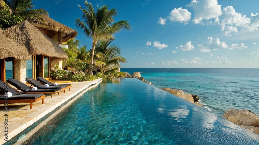 Naklejka premium Relaxing by the Infinity Pool at a Tropical Resort Overlooking the Ocean in a Serene Setting